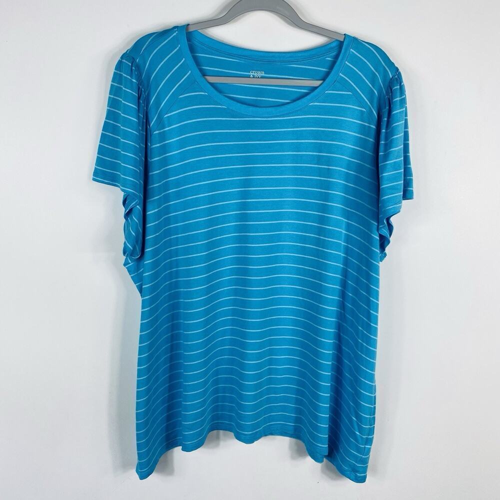 Crown & Ivy Plus Size 4X Striped Puff Sleeve T-Shirt Tee Top Blue Cotton Modal